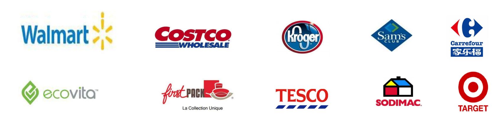 Retail and foodservice partners including Costco, Walmart, Carrefour, Tesco, Kroger, Target